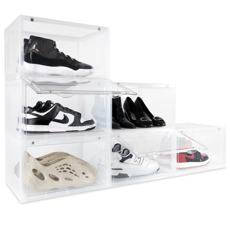 OLLIE XL HARD PLASTIC Drop Side Stackable Shoe Box Organizer, Clear
